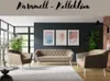 A living room scene featuring a beige sofa and two armchairs, with artwork on the wall and large windows. Produktbild-Vorschau