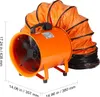 An orange industrial fan with a flexible exhaust hose attached, shown on a white background with dimensions indicated. Podgląd zdjęcia produktu