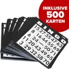 A stack of black and white bingo cards with text overlay. Produktbild-Vorschau