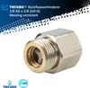 A close-up product shot of a brass and nickel-plated check valve, with marketing text and logos in the upper left corner. Produktbild-Vorschau