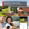 A split image showing a security camera on a house exterior and a couple using a smartphone app to view the camera feed. Produktbild-Vorschau