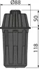 A technical drawing of a black drain trap with dimensions indicated. Produktbild-Vorschau