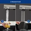 A split image showing two different water modes of a kitchen faucet, with close-ups of the water flow and hands using the faucet for washing. Produktbild-Vorschau