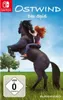 A young girl with red hair is riding a black horse that is rearing up in a grassy field. The Nintendo Switch logo and game title are visible at the top of the image. Produktbild-Vorschau