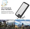 A collage of images showcasing a phone case with text highlighting its drop-resistant features, a person mountain biking, and a person hiking in the mountains. Produktbild-Vorschau