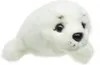 A close-up studio shot of a white plush seal toy. Produktbild-Vorschau
