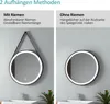 Two different hanging methods for a round LED mirror are shown side-by-side. Produktbild-Vorschau