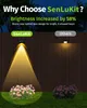 Comparison of two solar lights on a fence, one with a bright beam and one with a dim beam. Produktbild-Vorschau