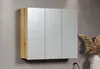 A bathroom cabinet with mirrored doors and a wood-effect frame mounted on a gray wall. Produktbild-Vorschau