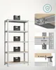 A silver SONGMICS storage shelf with black crates on its shelves, shown with close-up diagrams highlighting dimensions and features. Náhled obrázku produktu