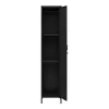 A black metal locker with the door slightly ajar, showing three shelves inside. The locker is standing on thin black legs. Produktbild-Vorschau