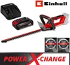 A red and black Einhell hedge trimmer with a battery and charger, along with warranty badges and a "Power X-Change" logo. Produktbild-Vorschau