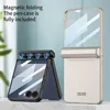 A flip phone case with a pen holder is shown open and closed, with text describing its features. Produktbild-Vorschau