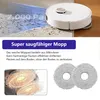 A collage image showing a robotic vacuum cleaner, its cleaning mechanism, and mop pads, with promotional text. Produktbild-Vorschau