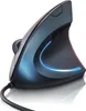 A close-up, studio shot of a black and gray vertical ergonomic mouse with blue LED lighting, set against a white background. Produktbild-Vorschau