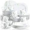 A collection of white ceramic dishes and cups with green line accents, neatly stacked. Náhled obrázku produktu
