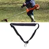 A person is using a string trimmer in a grassy area. Below is a close-up of a strap with a clip. Náhled obrázku produktu