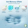 Collage showing features of a gel memory foam mattress topper, including ventilation, cooling gel, comfort memory foam, and heat dissipation, with a visual representation of a hand imprint in the foam. Voir les images du produit