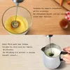 A split image showing a milk frother in use and a close-up of eggs being whisked. Produktbild-Vorschau
