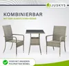 A set of outdoor furniture, including two chairs and a table, is displayed against a light gray and white background with marketing text. Produktbild-Vorschau