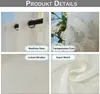 A collage of four images showcasing product details of outdoor curtains, including grommets, fabric texture, and transparency. Produktbild-Vorschau
