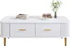 A white coffee table with gold accents and decorative items on top, isolated on a white background. Produktbild-Vorschau