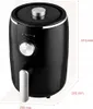A black air fryer with silver accents is shown with dimensions indicated by lines and text. Podgląd zdjęcia produktu