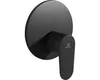 A black shower mixer faucet with a round backplate and a lever handle. Produktbild-Vorschau