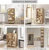 A collage of four images showing a versatile bookcase used in different settings: a study, a bedroom, a living room, and an entrance area. Produktbild-Vorschau