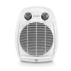 A white electric fan heater with a black grille and two grey control knobs on a white background. Produktbild-Vorschau