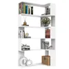A white, L-shaped corner bookshelf with several shelves, displaying books and decorative items. Produktbild-Vorschau
