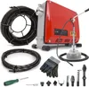 A red and gray electric drain cleaning machine with various accessories, including a coiled cable, gloves, and different cleaning heads, displayed on a white background. Produktbild-Vorschau