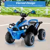 A blue and black electric toy quad bike is shown outdoors on a paved surface, with a white fence and greenery in the background. Produktbild-Vorschau