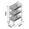 A wireframe diagram of a black three-tiered rolling cart with dimensions indicated. Produktbild-Vorschau