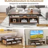 A collage of three images showing a coffee table in a living room, a storage table in a bedroom, and a TV stand in a living room. Voir les images du produit