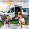 A couple is sitting at a table outside a camper van, enjoying a meal and drinks. Produktbild-Vorschau