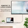 A laptop connected to a large screen TV via an HDMI cable, with text describing the product's features. Produktbild-Vorschau