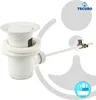 A white drain assembly with a pop-up stopper and overflow mechanism, shown against a white and light gray background with graphic elements. Produktbild-Vorschau