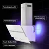 A diagram of a white glass range hood with labels pointing out its features, including ambient lighting. Produktbild-Vorschau
