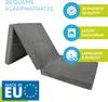 A folded gray mattress is shown with marketing text and icons on the right side. Produktbild-Vorschau