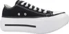 A studio shot of a black Converse sneaker with a thick white platform sole. Voir les images du produit