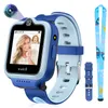 A blue and light blue smartwatch for children is displayed on a white background, with a lanyard accessory to the right. Produktbild-Vorschau