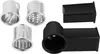 Three metal grating attachments and two black plastic food processor components are arranged on a white background. Produktbild-Vorschau