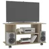 A TV stand with a TV, speakers, and electronic equipment. Náhľad obrázku produktu