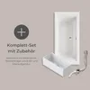 A white bathtub and its accessories are displayed against a light gray background, with text describing the product set. Produktbild-Vorschau