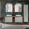 A modern bathroom with a double vanity, large mirror, and a tall cabinet, set against a tropical leaf wallpaper. Produktbild-Vorschau