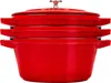 A stack of three red cast iron pots with lids. Produktbild-Vorschau