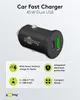 A black car fast charger with dual USB ports is shown, along with marketing text and icons highlighting its features. Anteprima dell’immagine prodotto