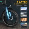Close-up of an electric bicycle wheel and front suspension, with marketing text and images illustrating different road conditions. Produktbild-Vorschau