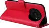 A red flip phone case is shown from the side, open, with the phone inside. Produktbild-Vorschau